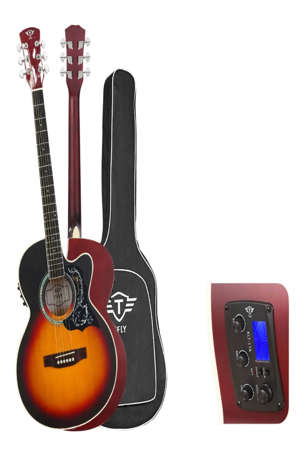 TFLY Semi-Acoustic Guitar Sunburst Finish with 3-Band EQ & Tuner - Cutaway Design