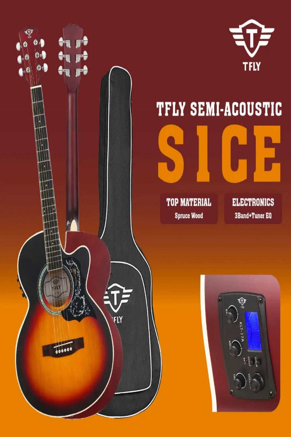 TFLY Semi-Acoustic Guitar Sunburst Finish with 3-Band EQ & Tuner - Cutaway Design