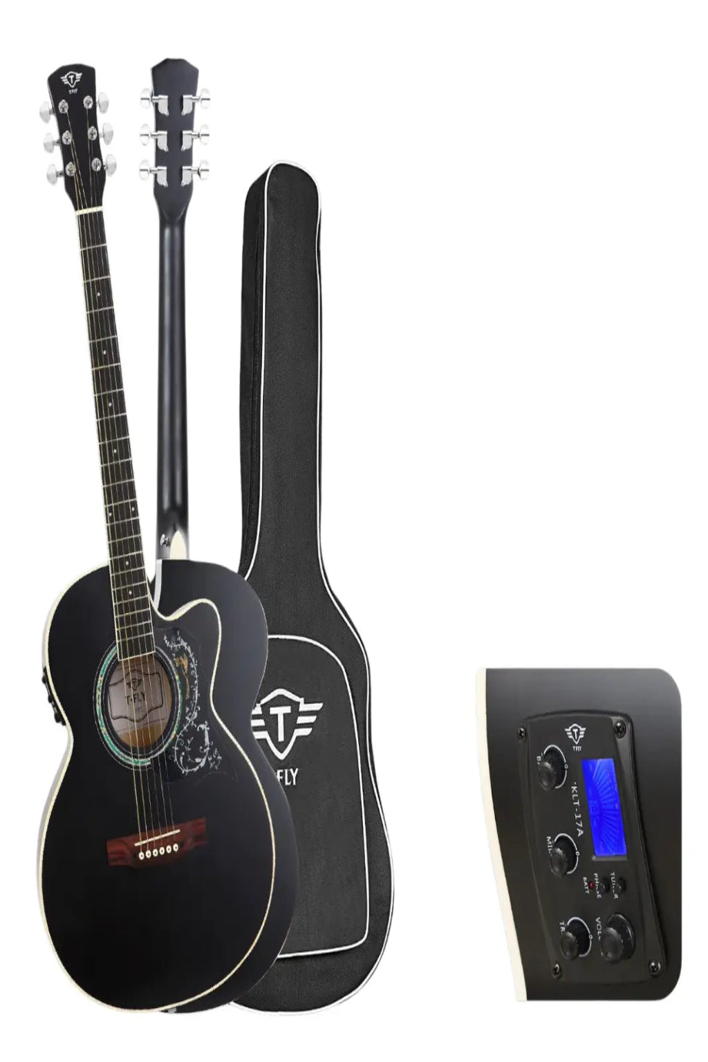 TFLY Semi-Acoustic Guitar Black Finish with 3-Band EQ & Tuner - Cutaway Design