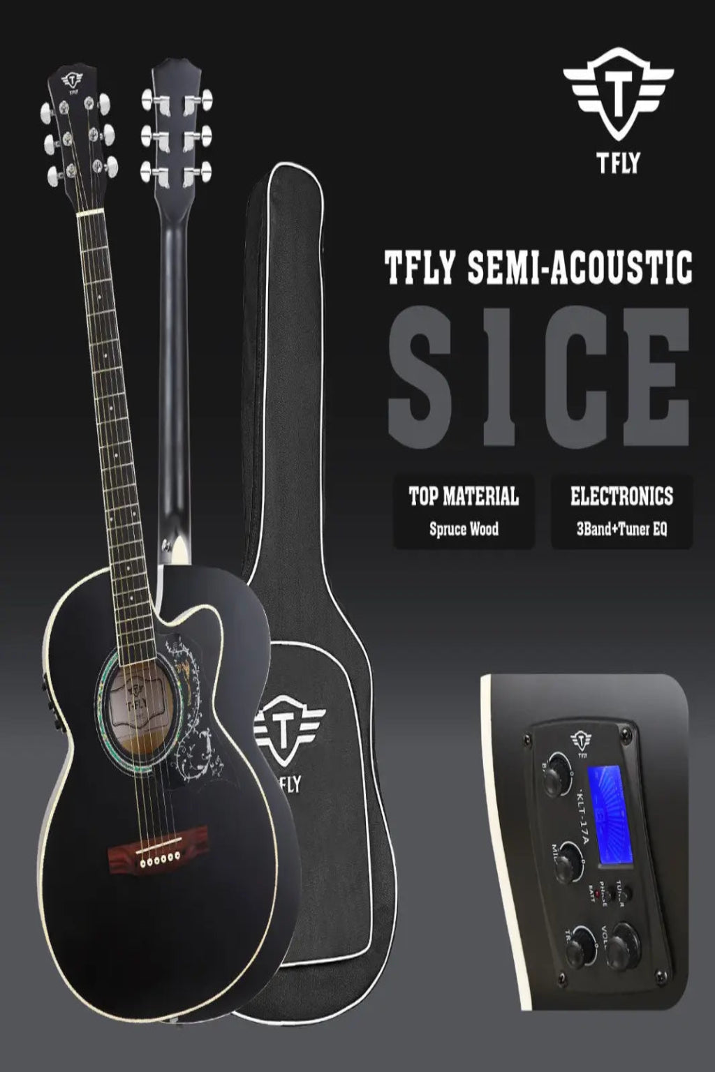 TFLY Semi-Acoustic Guitar Black Finish with 3-Band EQ & Tuner - Cutaway Design