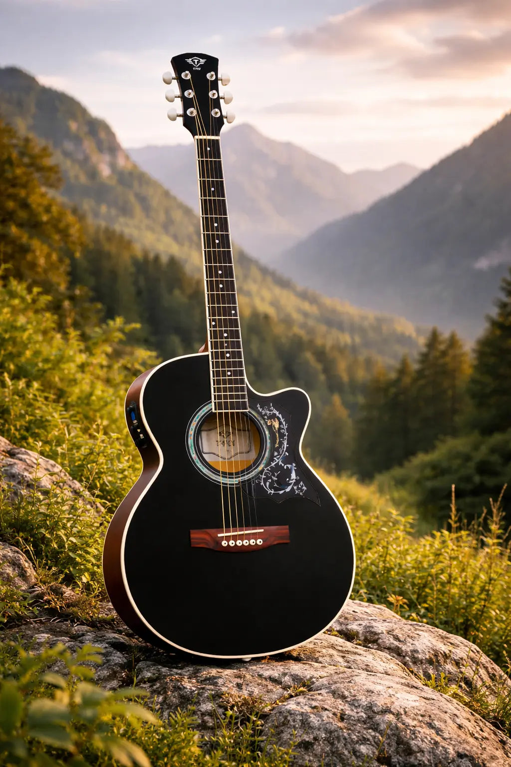 TFLY Semi-Acoustic Guitar Black Finish with 3-Band EQ & Tuner - Cutaway Design