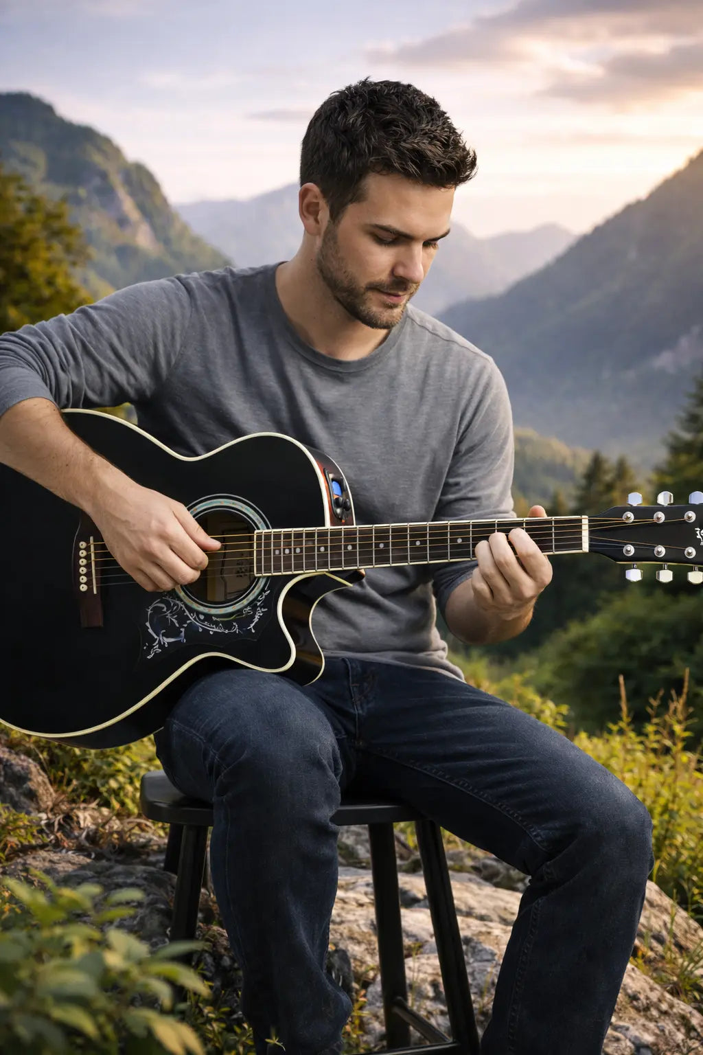 TFLY Semi-Acoustic Guitar Black Finish with 3-Band EQ & Tuner - Cutaway Design