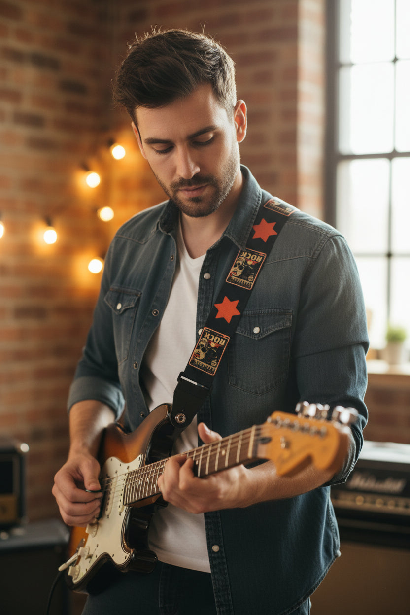 Classic Rock Star Guitar Strap – Bold Design with Leather Tips