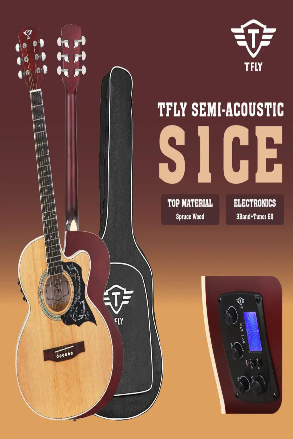 TFLY Semi-Acoustic Guitar with Built-in 3-Band EQ & Tuner - Cutaway Design