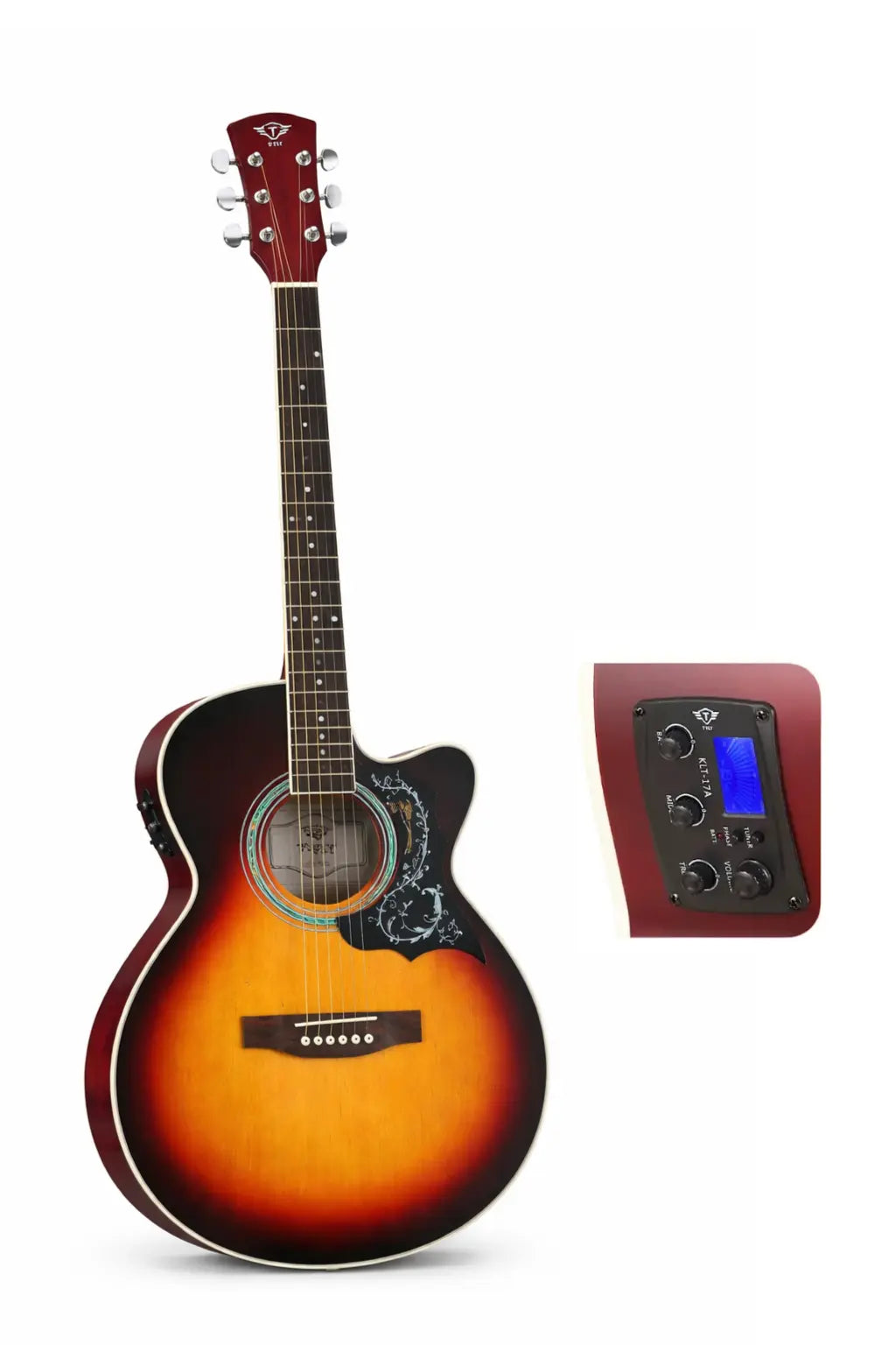 TFLY Semi-Acoustic Guitar Sunburst Finish with 3-Band EQ & Tuner - Cutaway Design