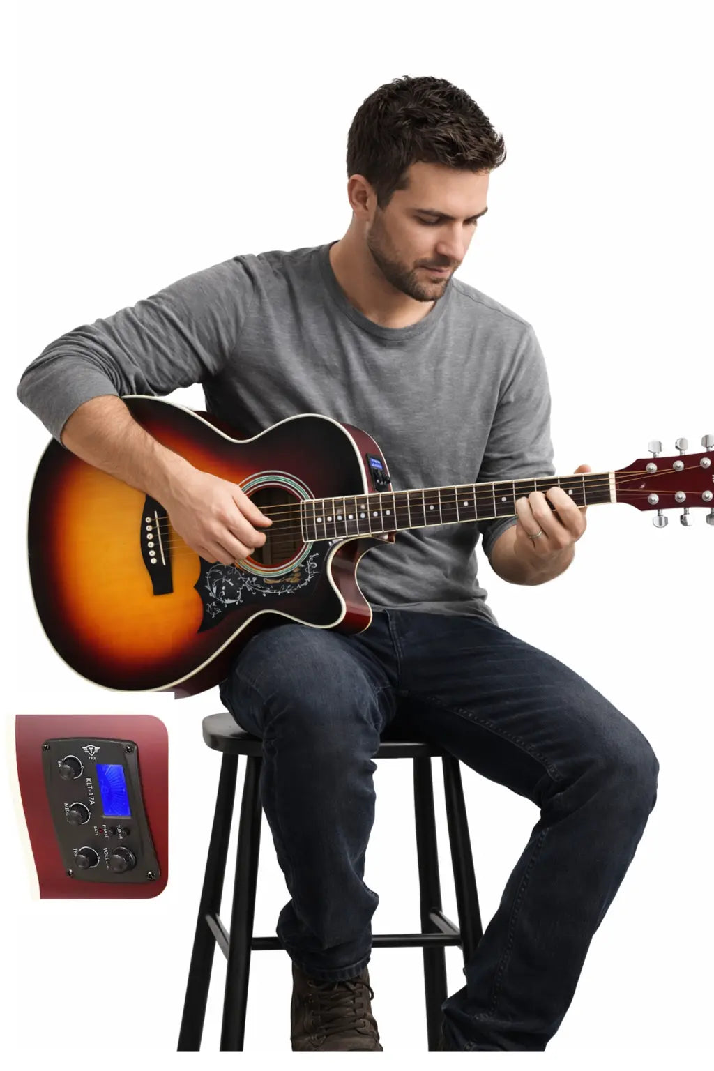 TFLY Semi-Acoustic Guitar Sunburst Finish with 3-Band EQ & Tuner - Cutaway Design