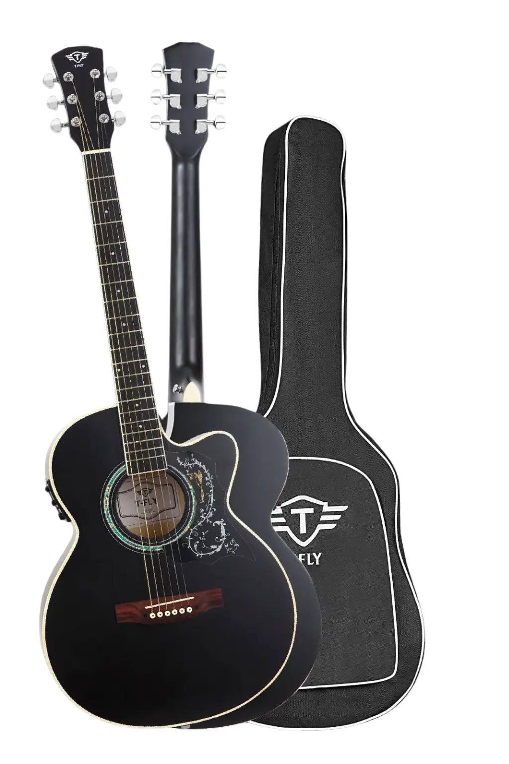 TFLY Semi-Acoustic Guitar Black Finish with 3-Band EQ & Tuner - Cutaway Design